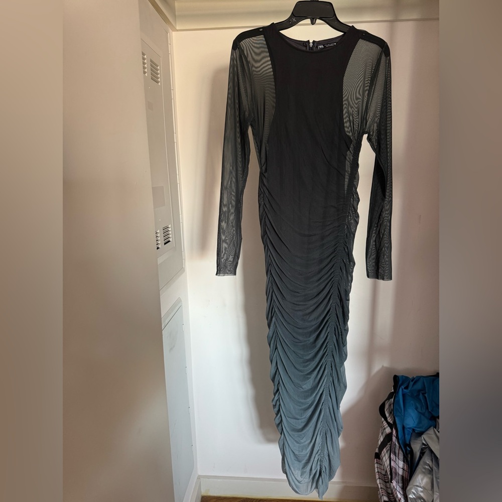 Zara Sheer Mesh Ombre Ruched Maxi Dress